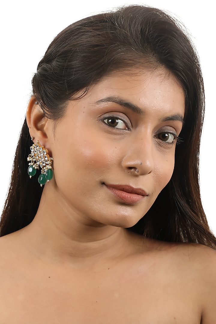Gold Plated Green Beaded & Pearl Stud Earrings by Riana Jewellery