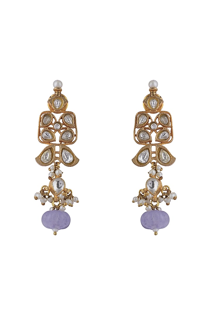 Gold Plated Jadtar & Purple Beaded Dangler Earrings by Riana Jewellery at Pernia's Pop Up Shop