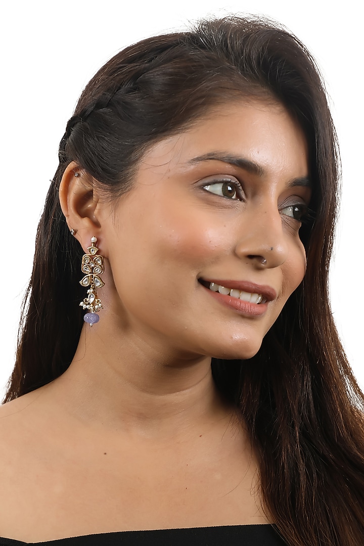 Gold Plated Jadtar & Purple Beaded Dangler Earrings by Riana Jewellery at Pernia's Pop Up Shop