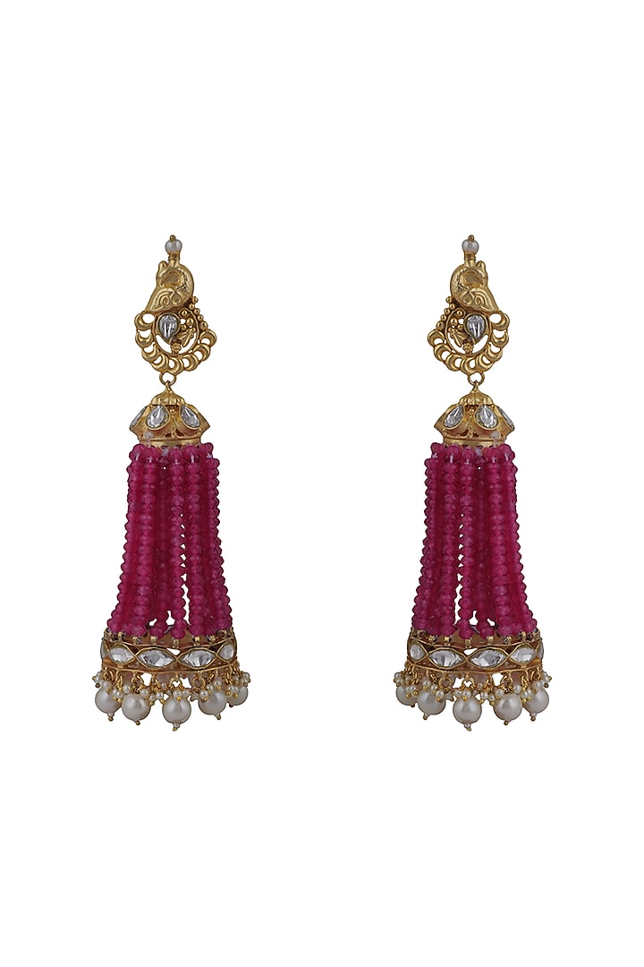 Gold Plated Pink & White Jadtar Peacock Jhumka Earrings by Riana Jewellery at Pernia's Pop Up Shop