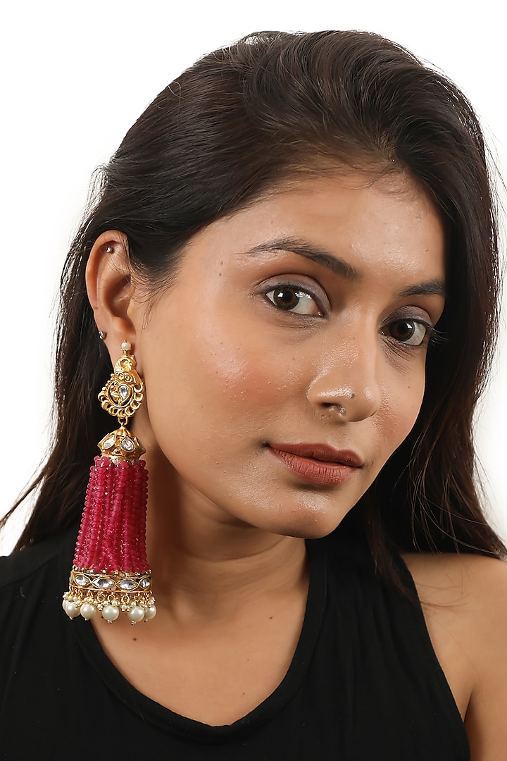 Gold Plated Pink & White Jadtar Peacock Jhumka Earrings by Riana Jewellery