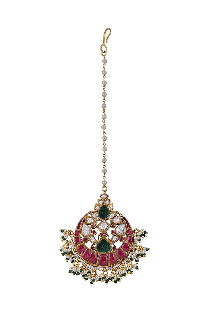 Gold Plated Pink & Green Jadtar Maangtikka by Riana Jewellery at Pernia's Pop Up Shop