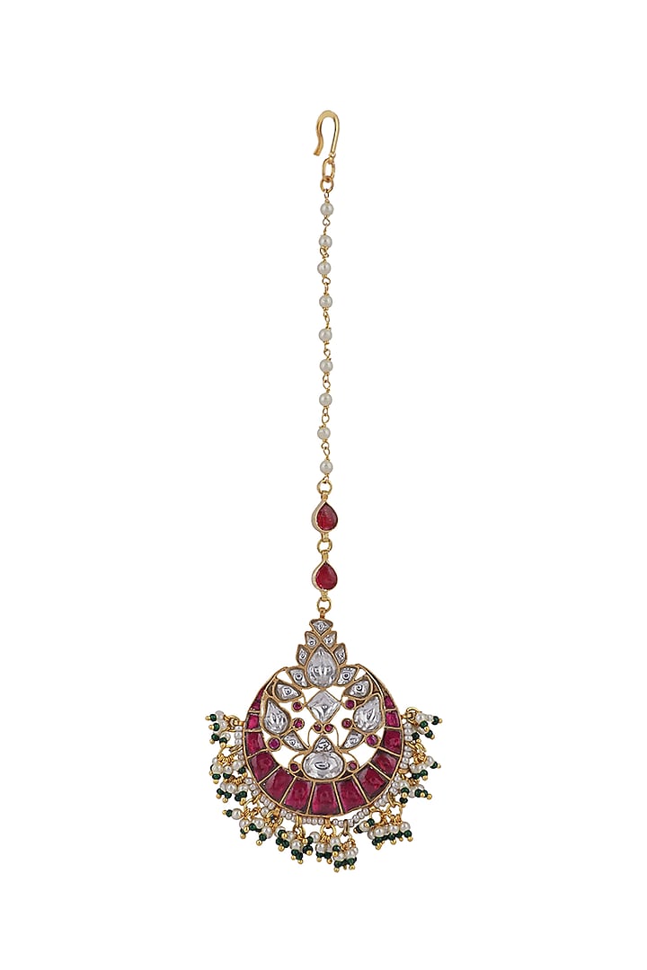 Gold Plated Pink & White Jadtar Maangtikka by Riana Jewellery at Pernia's Pop Up Shop