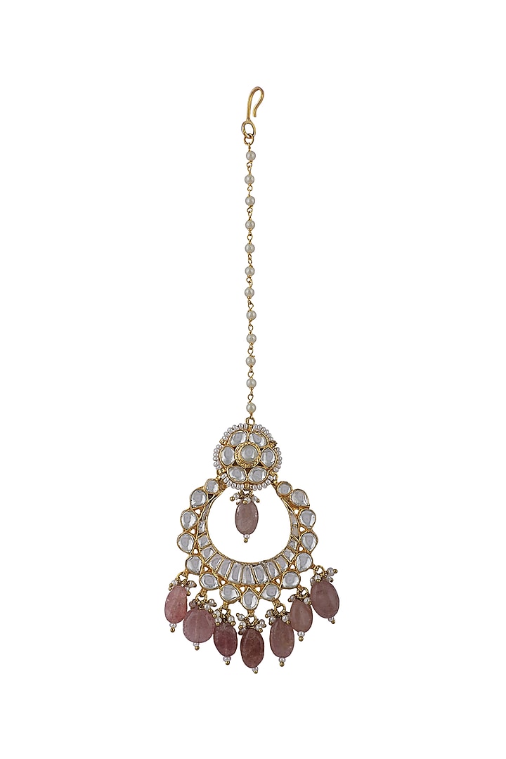 Gold Plated Light Pink Jadtar Maangtikka by Riana Jewellery at Pernia's Pop Up Shop