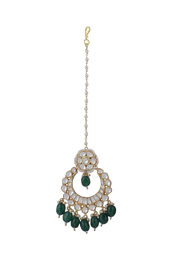 Gold Plated Jadtar & Green Beaded Maangtikka by Riana Jewellery at Pernia's Pop Up Shop