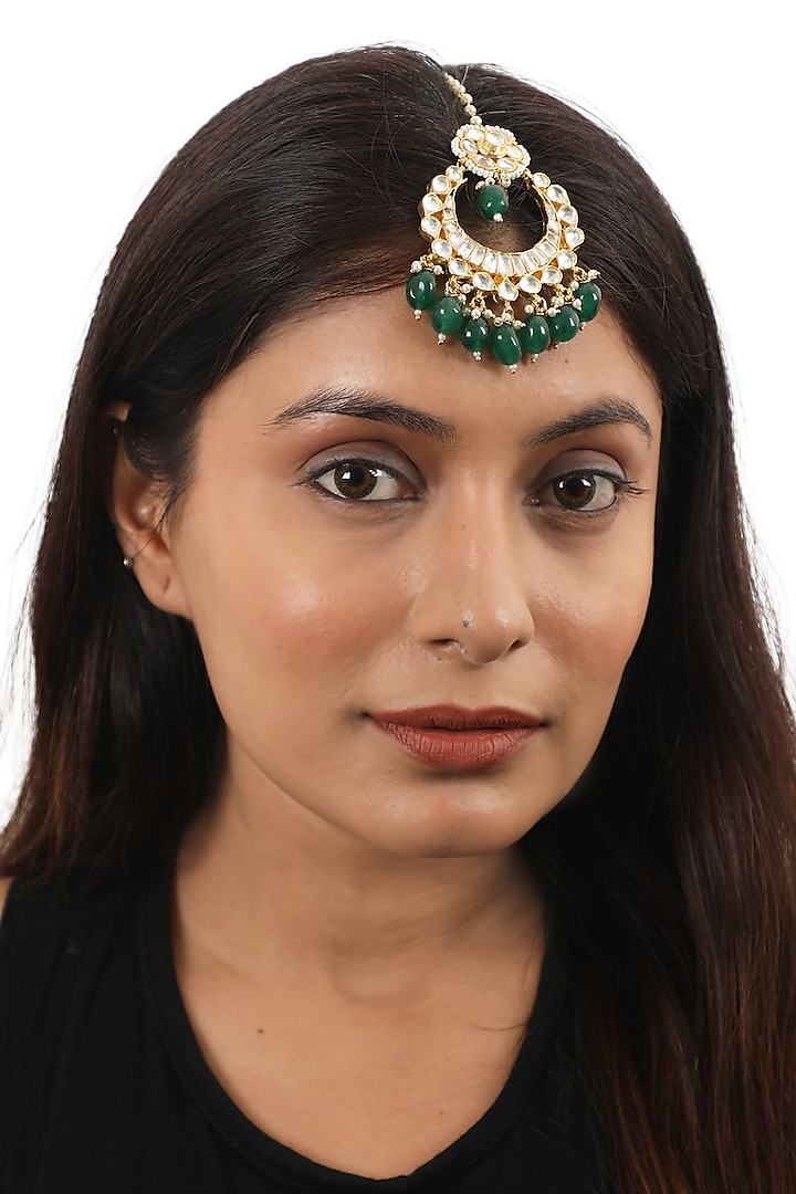 Gold Plated Jadtar & Green Beaded Maangtikka by Riana Jewellery