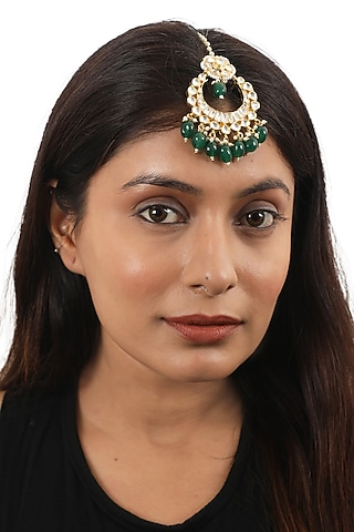 Gold Plated Jadtar & Green Beaded Maangtikka by Riana Jewellery