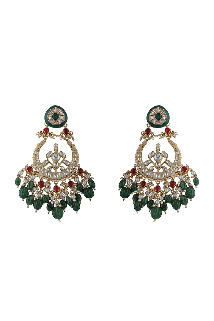 Gold Plated Green & Pink Jadtar Chandbaali Earrings by Riana Jewellery at Pernia's Pop Up Shop