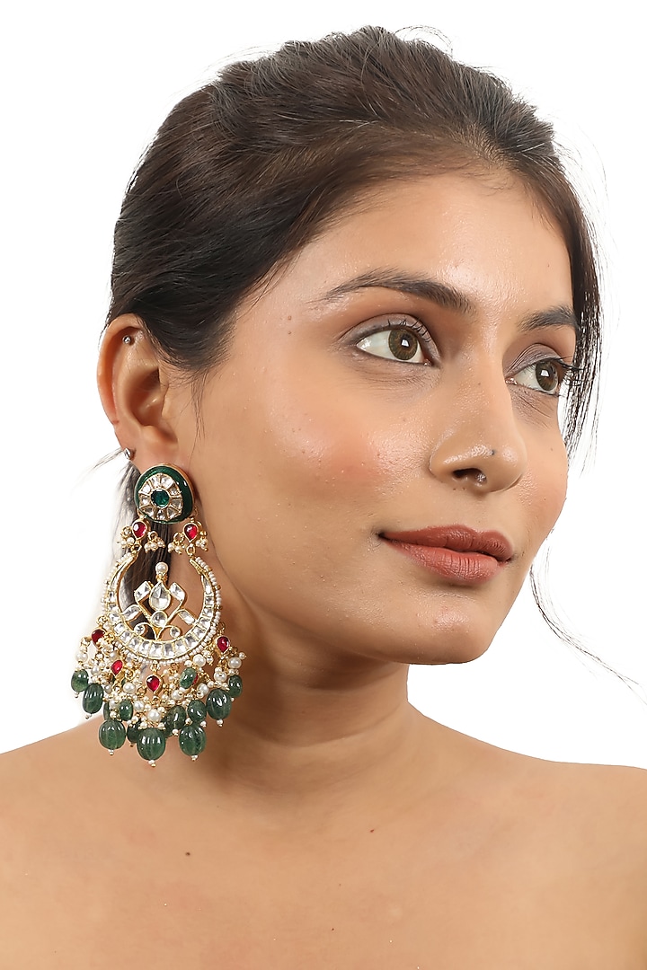 Gold Plated Green & Pink Jadtar Chandbaali Earrings by Riana Jewellery at Pernia's Pop Up Shop