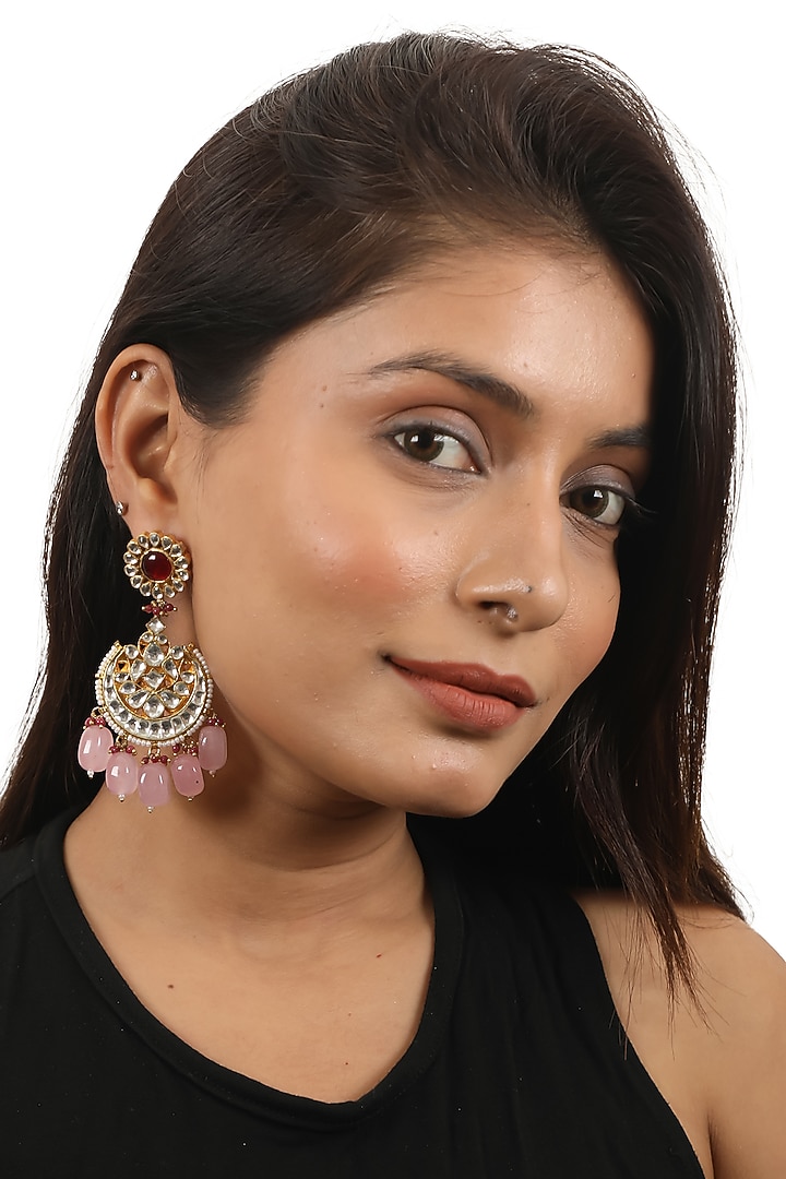 Gold Plated Jadtar & Light Pink Bead Chandbaali Earrings by Riana Jewellery at Pernia's Pop Up Shop