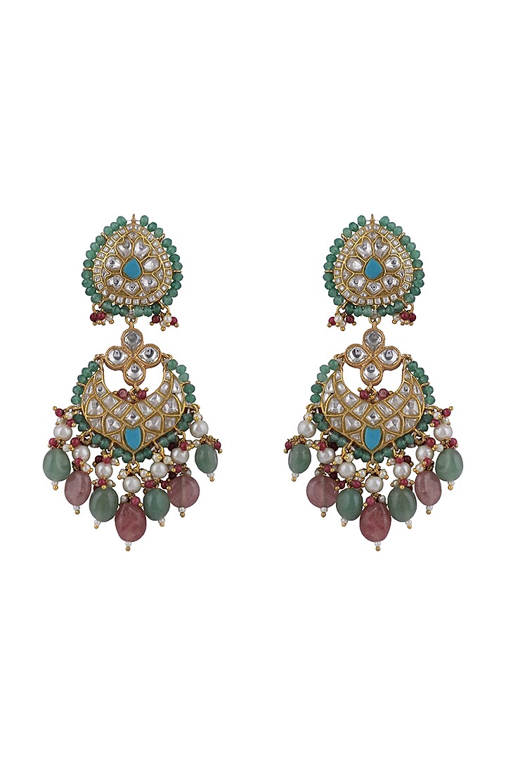 Gold Plated Jadtar & Pink Bead Chandbaali Earrings by Riana Jewellery at Pernia's Pop Up Shop