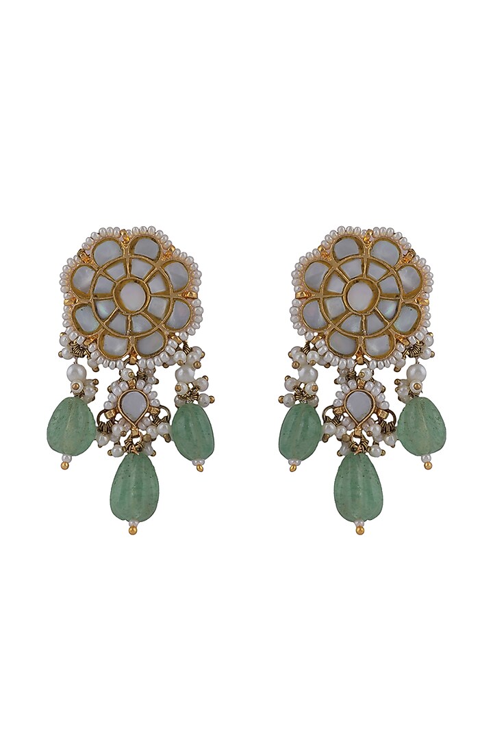 Gold Plated Jadtar & Sea Green Drop Dangler Earrings by Riana Jewellery at Pernia's Pop Up Shop