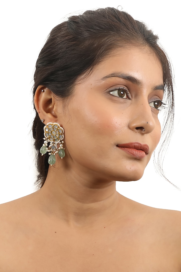 Gold Plated Jadtar & Sea Green Drop Dangler Earrings by Riana Jewellery at Pernia's Pop Up Shop