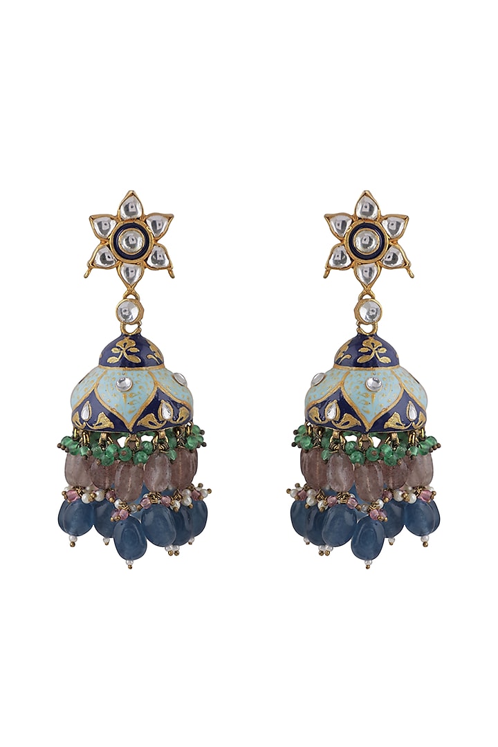 Gold Plated Jadtar & Beaded Meenakari Jhumka Earrings by Riana Jewellery at Pernia's Pop Up Shop