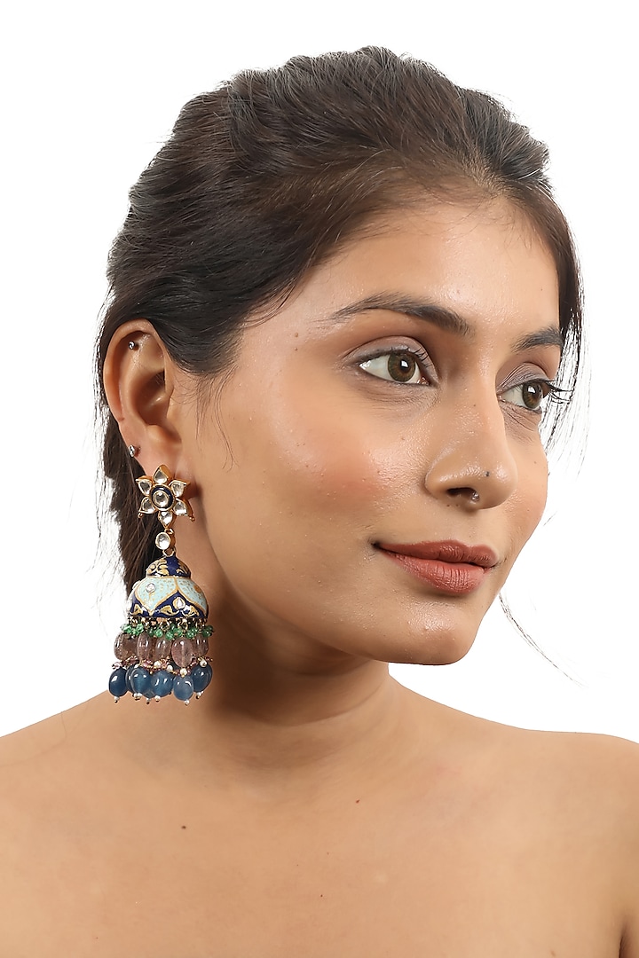Gold Plated Jadtar & Beaded Meenakari Jhumka Earrings by Riana Jewellery