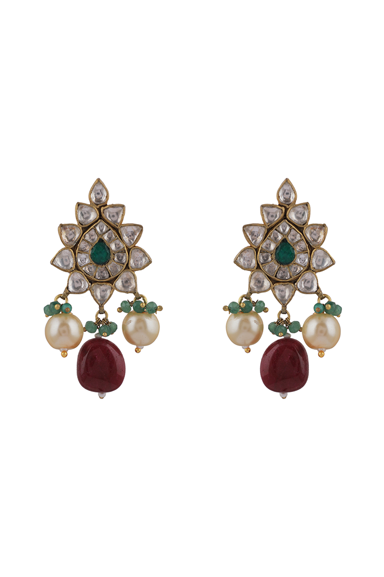 Gold Plated Pink & Green Jadtar Dangler Earrings by Riana Jewellery