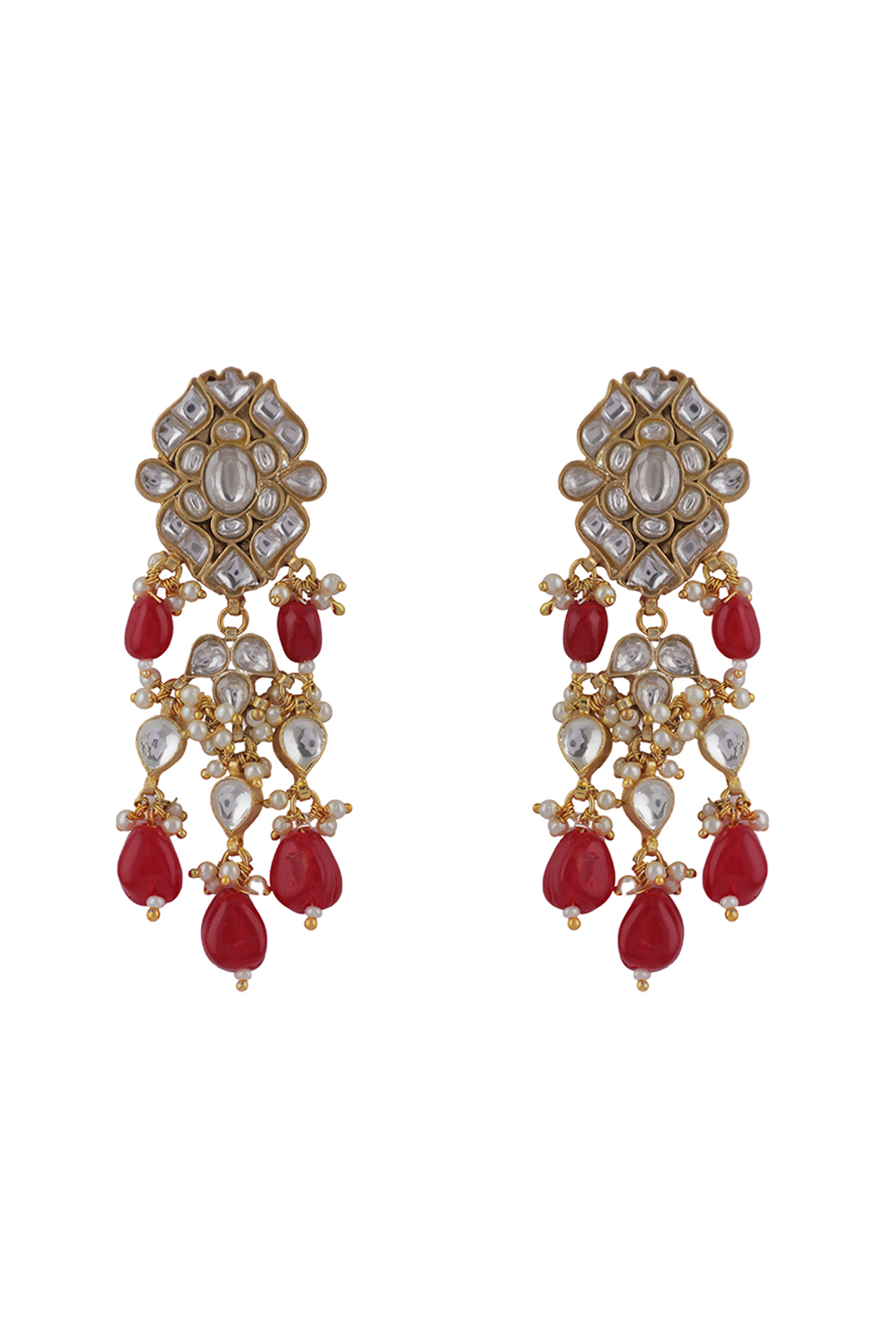 Gold Plated Jadtar & Pink Drop Dangler Earrings by Riana Jewellery