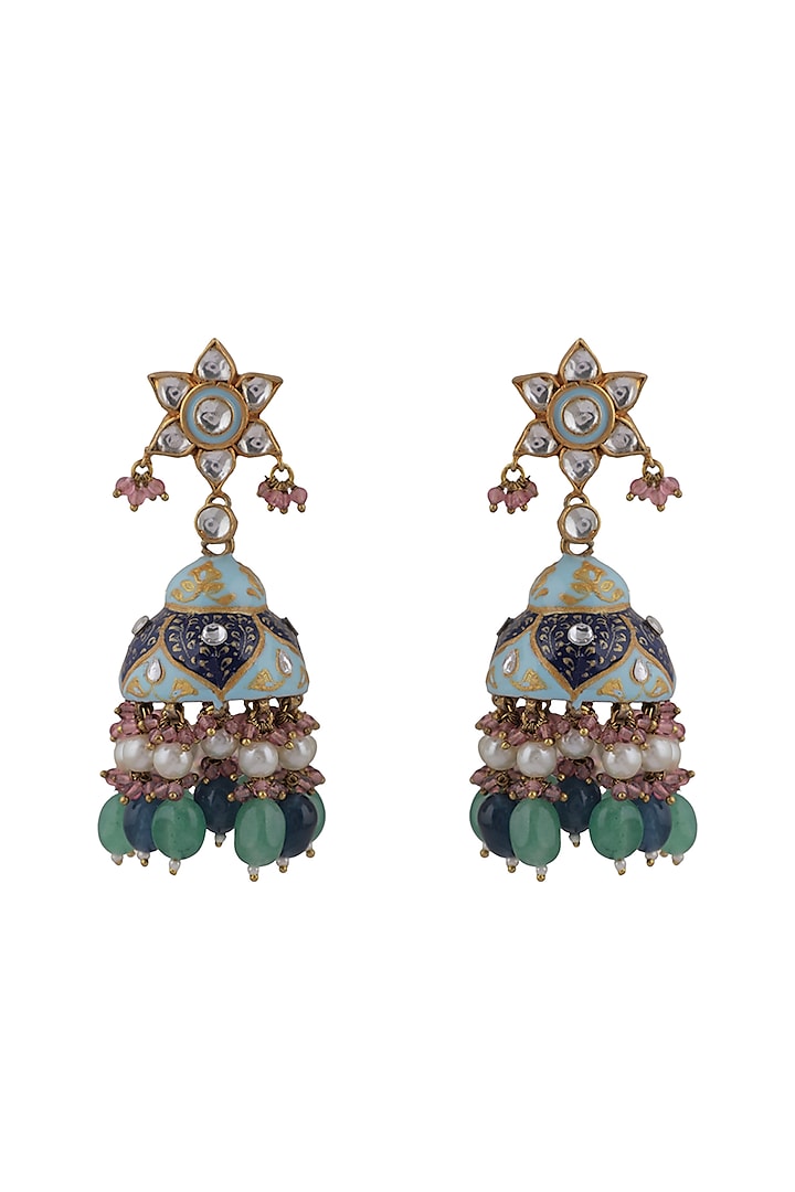 Gold Plated Jadtar & Pearl Meenakari Jhumka Earrings by Riana Jewellery