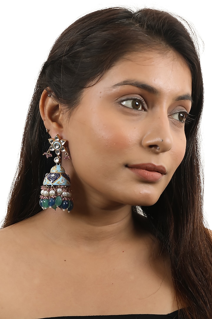 Gold Plated Jadtar & Pearl Meenakari Jhumka Earrings by Riana Jewellery