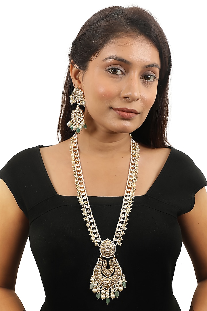 Gold Plated Jadtar & Sea Green Beaded Long Necklace Set by Riana Jewellery at Pernia's Pop Up Shop