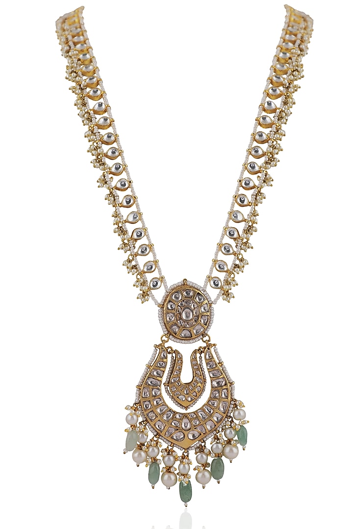 Gold Plated Jadtar & Sea Green Beaded Long Necklace Set by Riana Jewellery at Pernia's Pop Up Shop