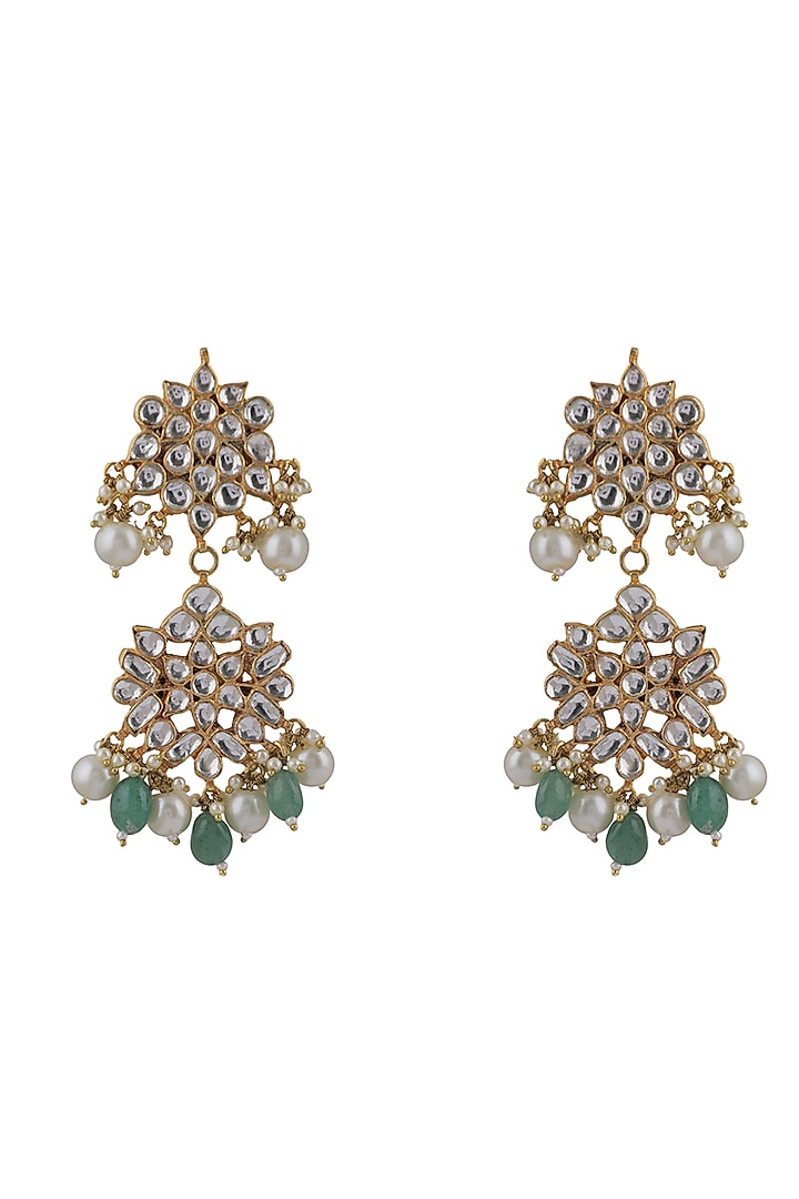 Gold Plated Jadtar & Sea Green Beaded Long Necklace Set by Riana Jewellery at Pernia's Pop Up Shop