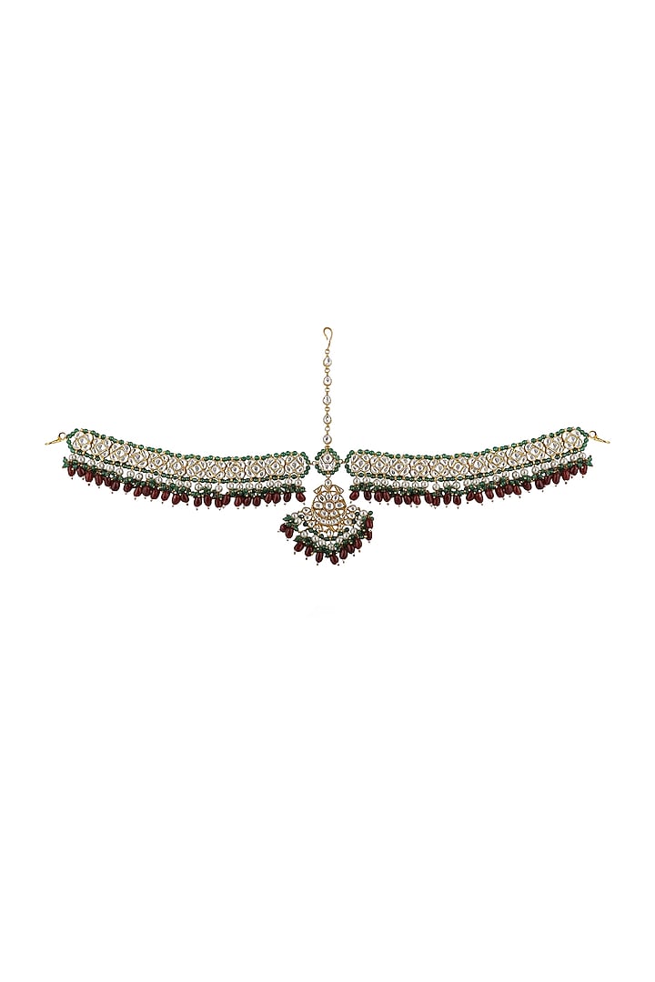 Gold Plated Sea Green & Maroon Jadtar Mathapatti by Riana Jewellery at Pernia's Pop Up Shop