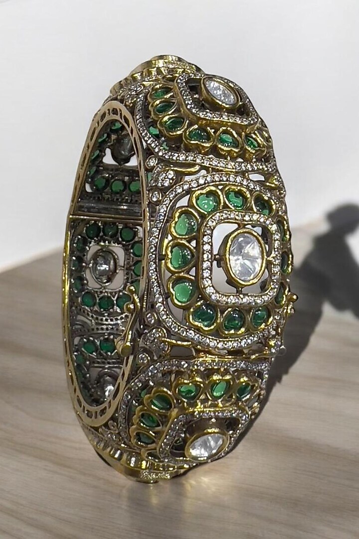 Matte Gold Plated Green Jadtar Stone & Glass Beaded Adjustable Bangle by Riana Jewellery at Pernia's Pop Up Shop