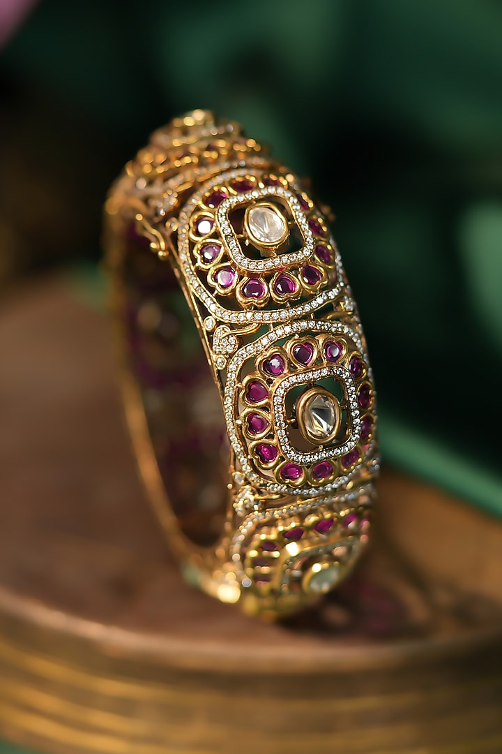 Matte Gold Plated Pink Jadau Stone Adjustable Bangle by Riana Jewellery at Pernia's Pop Up Shop