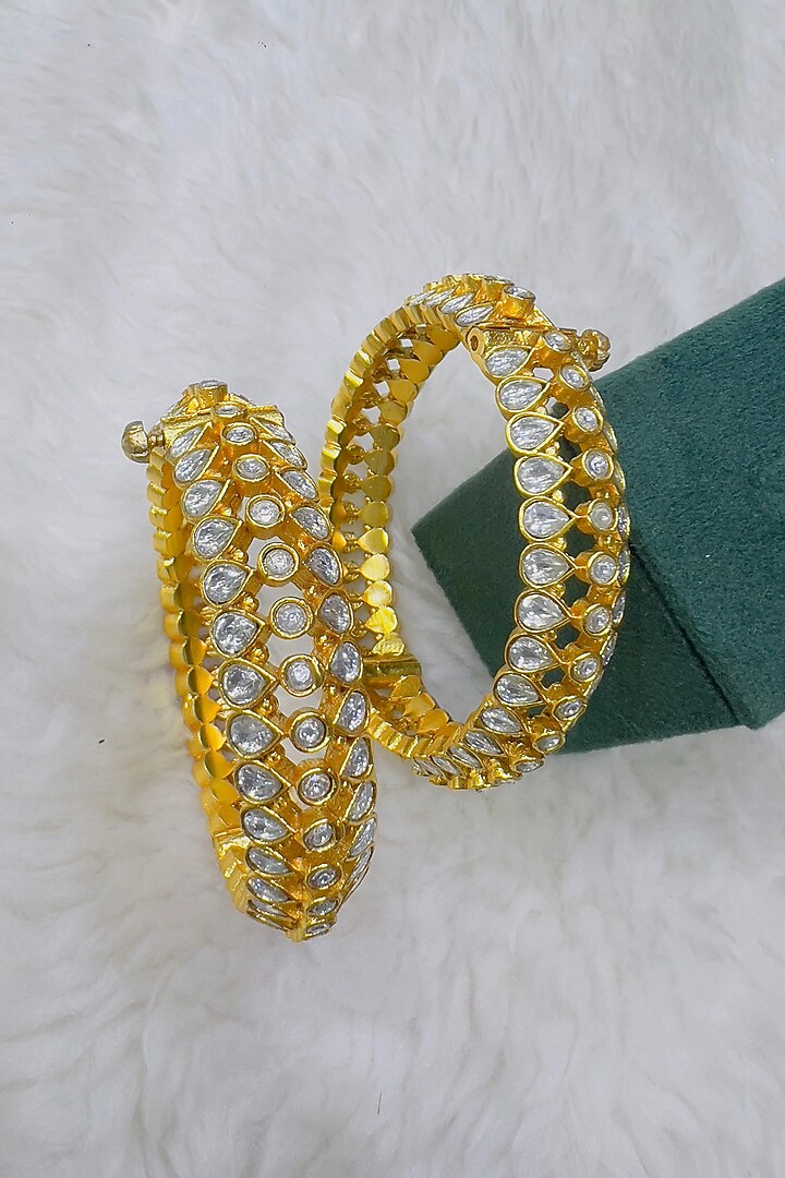 Matte Gold Plated Pacchi White Jadtar Stone Adjustable Bangle by Riana Jewellery at Pernia's Pop Up Shop