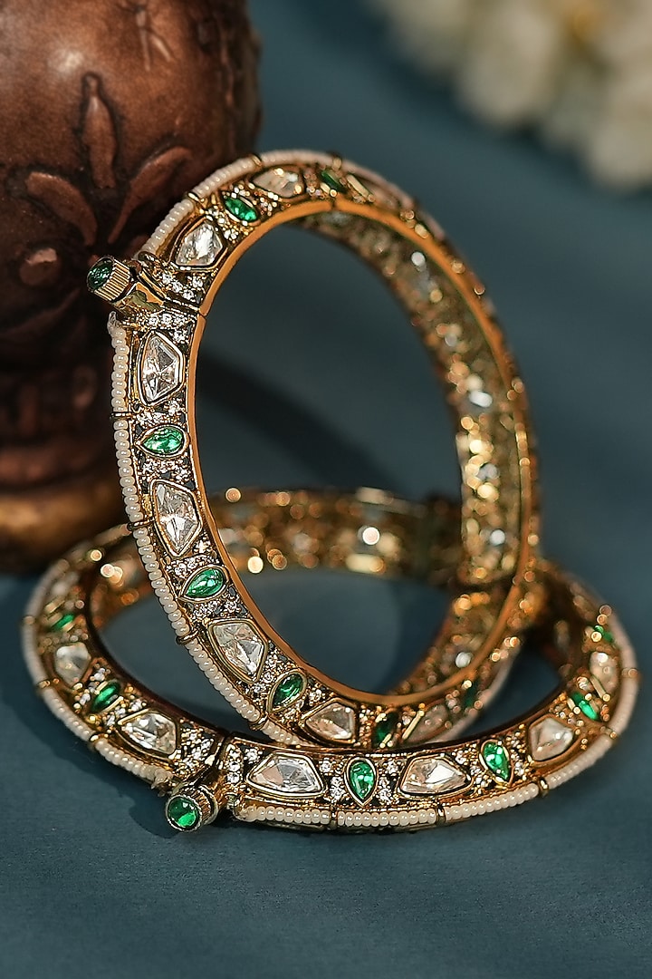 Matte Gold Plated Green Moissanite Stone Adjustable Bangle by Riana Jewellery at Pernia's Pop Up Shop