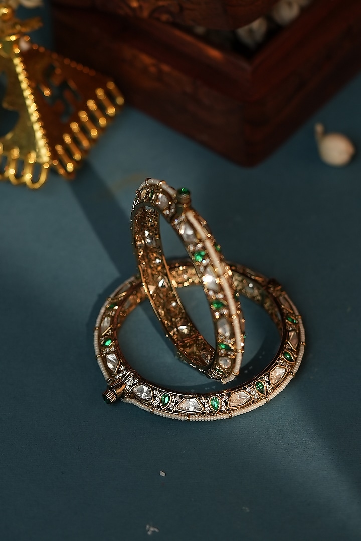 Matte Gold Plated Green Moissanite Stone Adjustable Bangle by Riana Jewellery at Pernia's Pop Up Shop