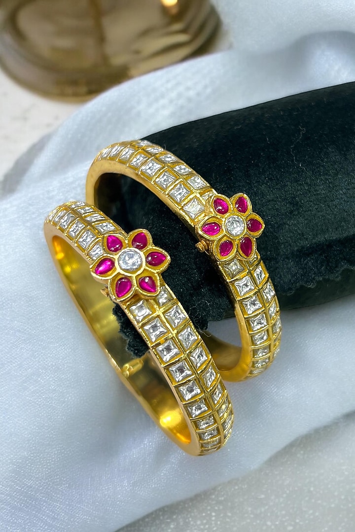 Matte Gold Plated Pink Jadau Stone Adjustable Floral Bangle by Riana Jewellery at Pernia's Pop Up Shop