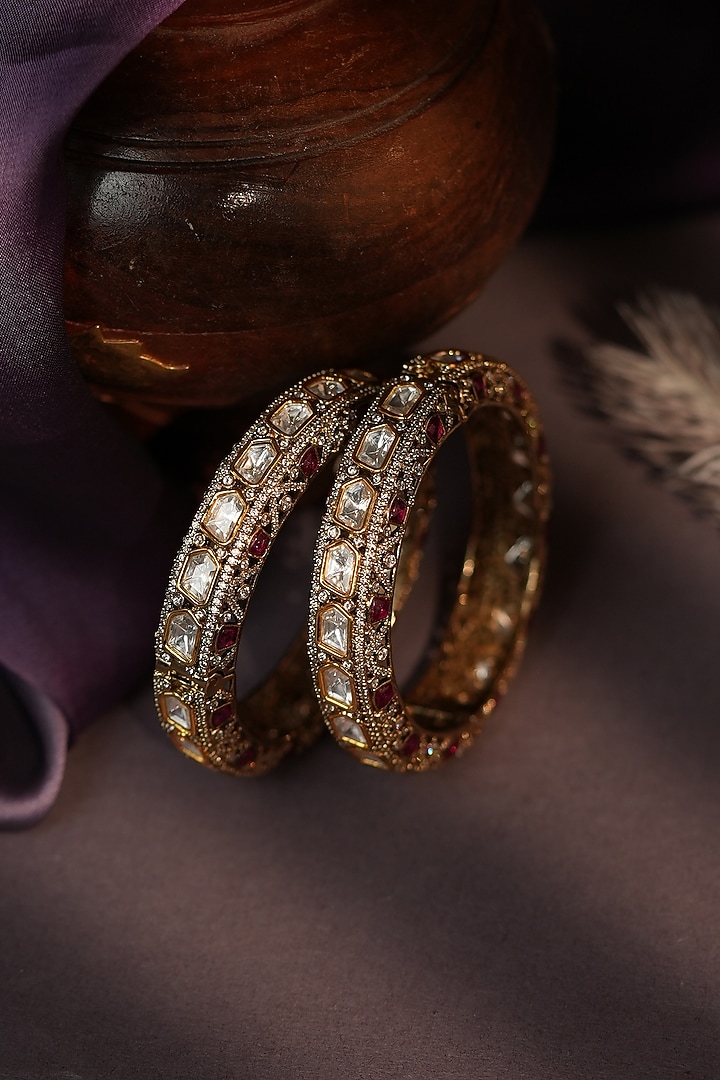 Matte Gold Plated Pink & White Moissanite Stone Adjustable Bangle by Riana Jewellery at Pernia's Pop Up Shop