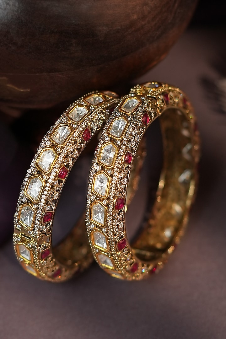 Matte Gold Plated Pink & White Moissanite Stone Adjustable Bangle by Riana Jewellery at Pernia's Pop Up Shop