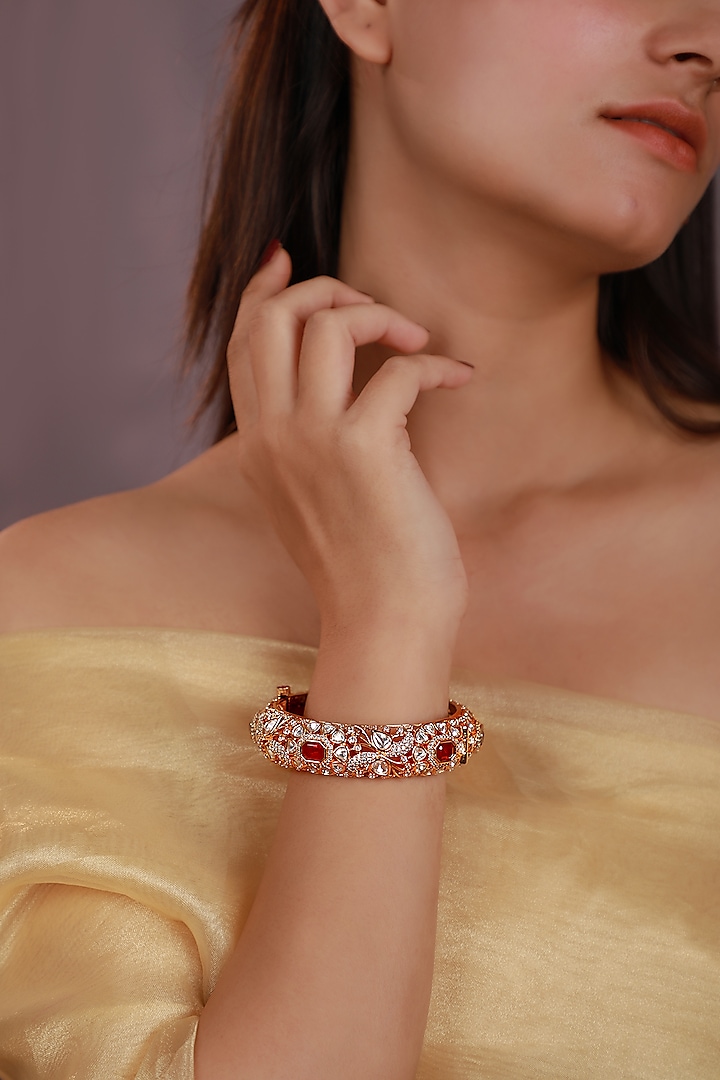 Matte Gold Plated Pink Jadtar Stone Adjustable Bangle by Riana Jewellery at Pernia's Pop Up Shop