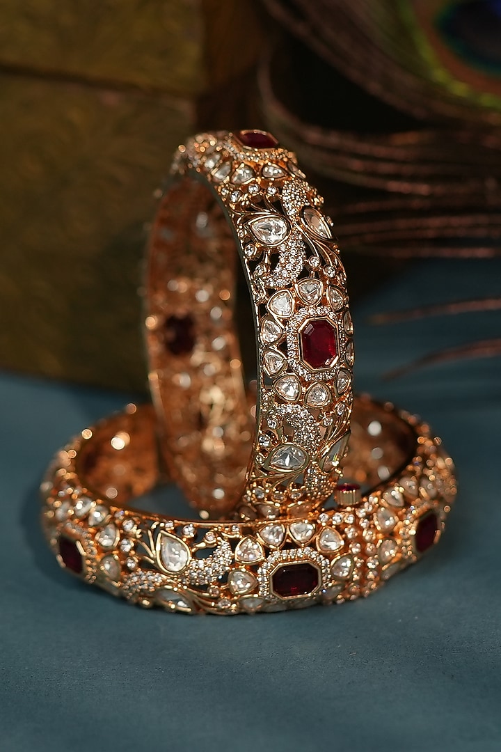 Matte Gold Plated Pink Jadtar Stone Adjustable Bangle by Riana Jewellery at Pernia's Pop Up Shop