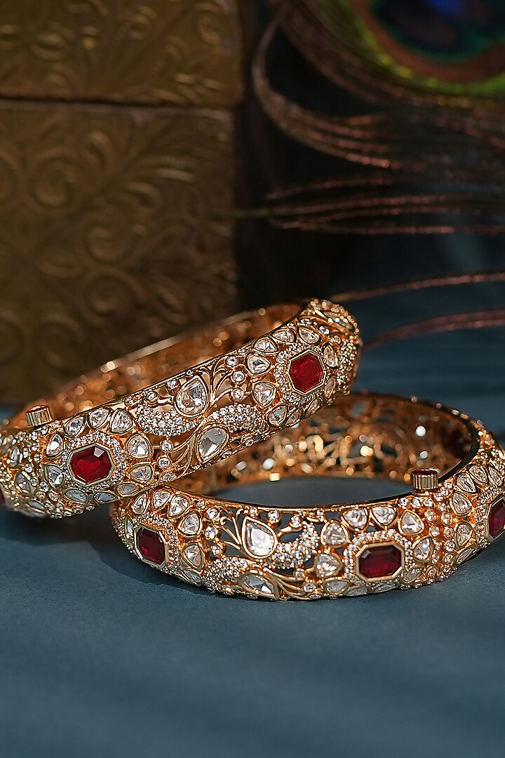 Matte Gold Plated Pink Jadtar Stone Adjustable Bangle by Riana Jewellery at Pernia's Pop Up Shop