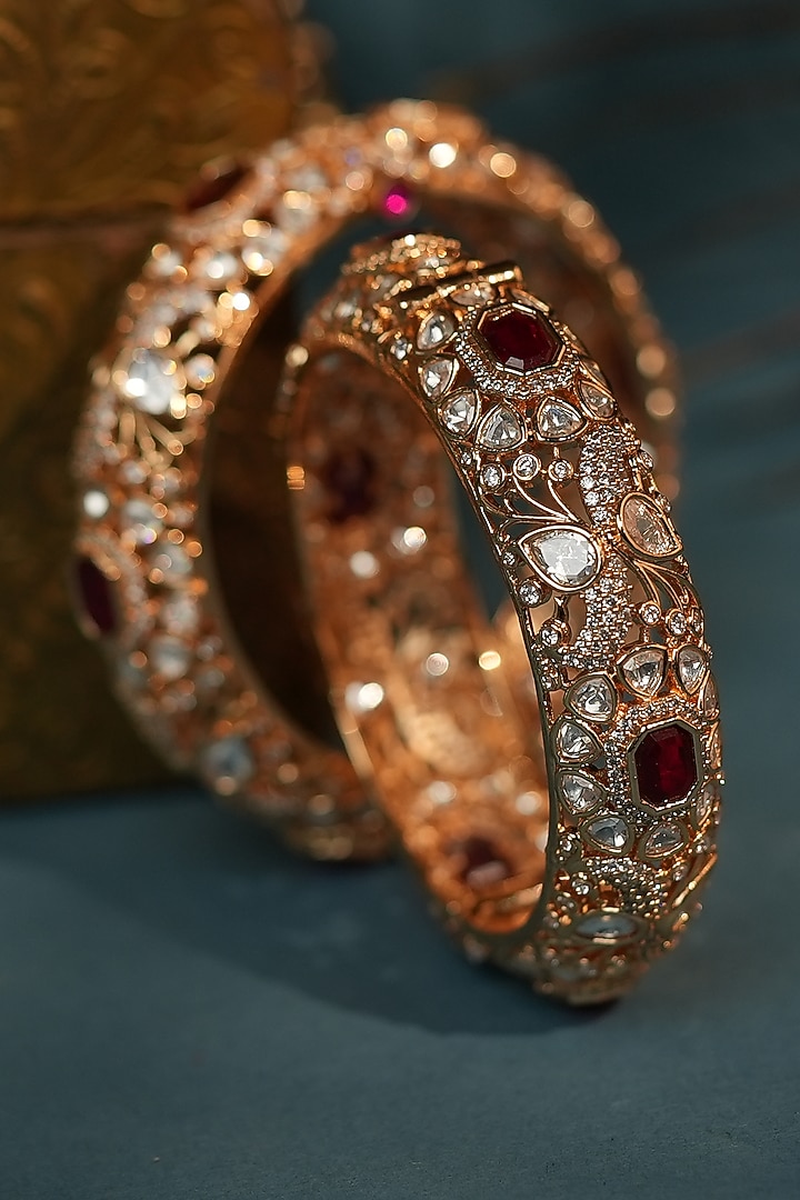 Matte Gold Plated Pink Jadtar Stone Adjustable Bangle by Riana Jewellery at Pernia's Pop Up Shop