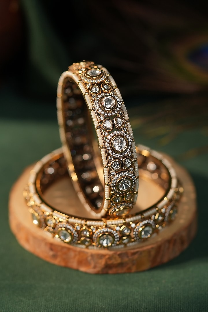 Matte Gold Plated White Jadtar Stone Adjustable Bangle by Riana Jewellery at Pernia's Pop Up Shop