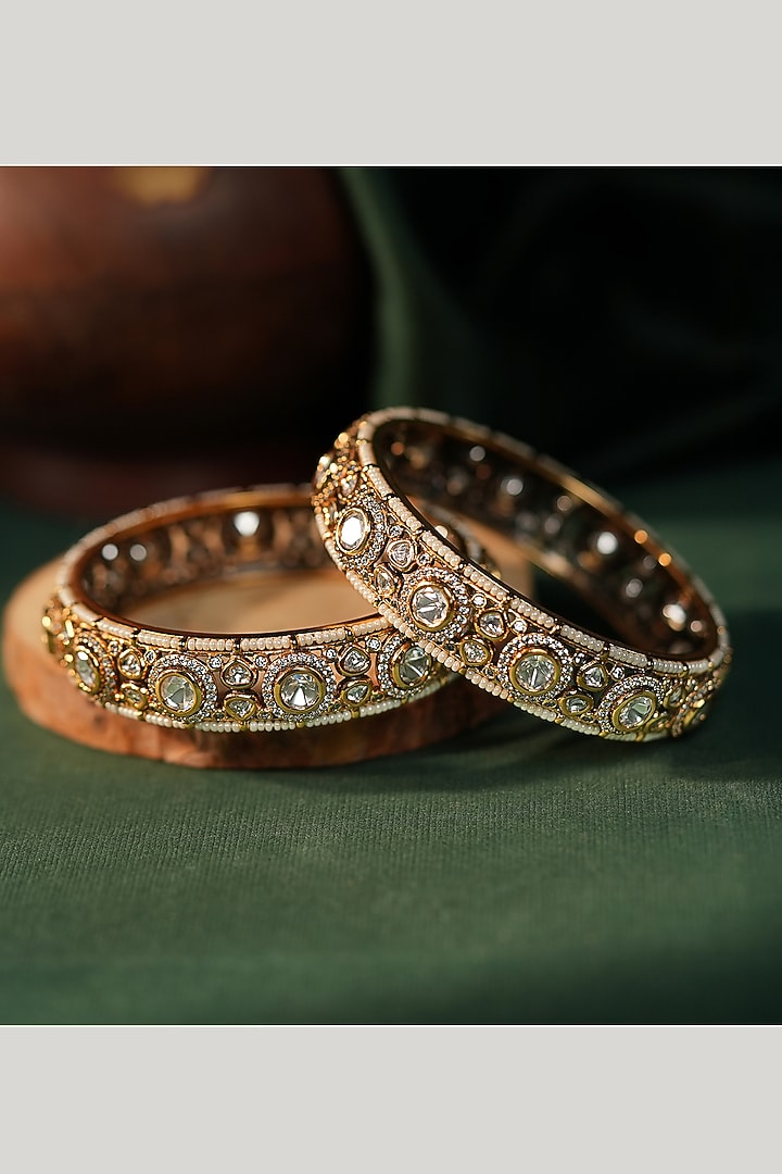 Matte Gold Plated White Jadtar Stone Adjustable Bangle by Riana Jewellery at Pernia's Pop Up Shop