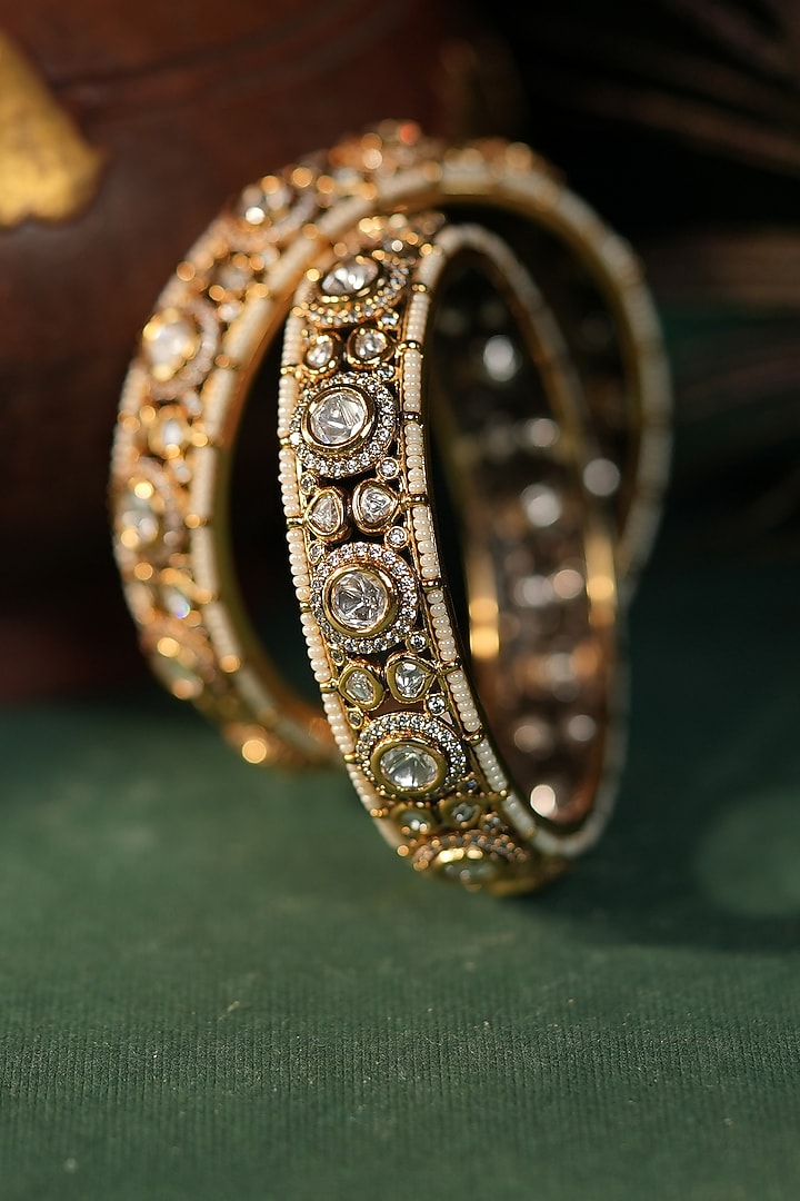 Matte Gold Plated White Jadtar Stone Adjustable Bangle by Riana Jewellery at Pernia's Pop Up Shop