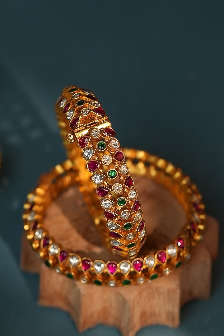 Matte Gold Plated Multi-Colored Jadau Stone Adjustable Bangle by Riana Jewellery at Pernia's Pop Up Shop