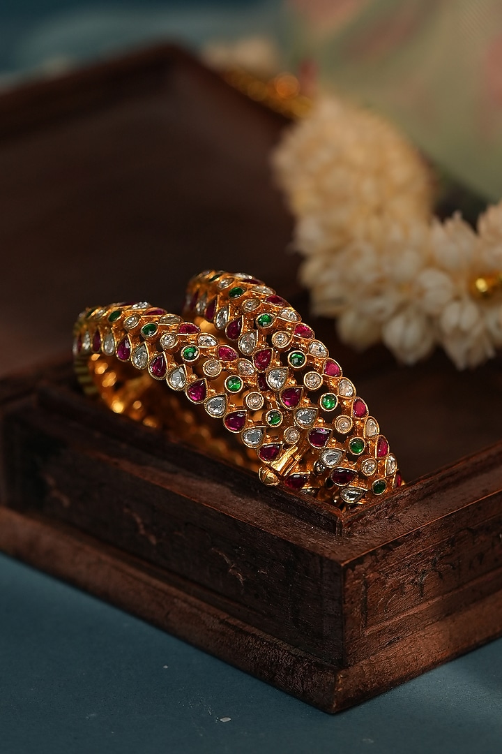 Matte Gold Plated Multi-Colored Jadau Stone Adjustable Bangle by Riana Jewellery at Pernia's Pop Up Shop
