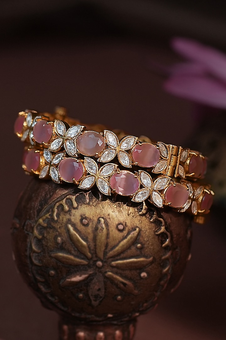 Matte Gold Plated Light Pink Stone Adjustable Floral Bangles (Set Of 2) by Riana Jewellery at Pernia's Pop Up Shop