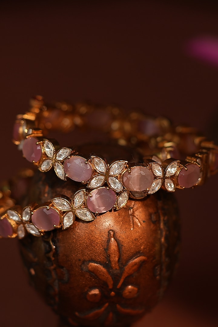 Matte Gold Plated Light Pink Stone Adjustable Floral Bangles (Set Of 2) by Riana Jewellery at Pernia's Pop Up Shop