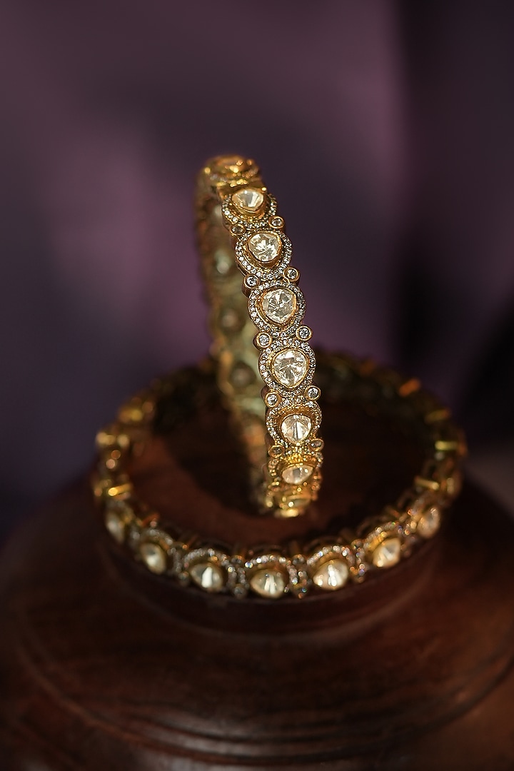 Matte Gold Plated White Jadtar Stone Adjustable Bangle by Riana Jewellery at Pernia's Pop Up Shop