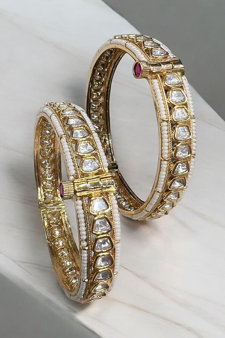 Matte Gold Plated Moissanite Stone Adjustable Bangles (Set of 2) by Riana Jewellery at Pernia's Pop Up Shop