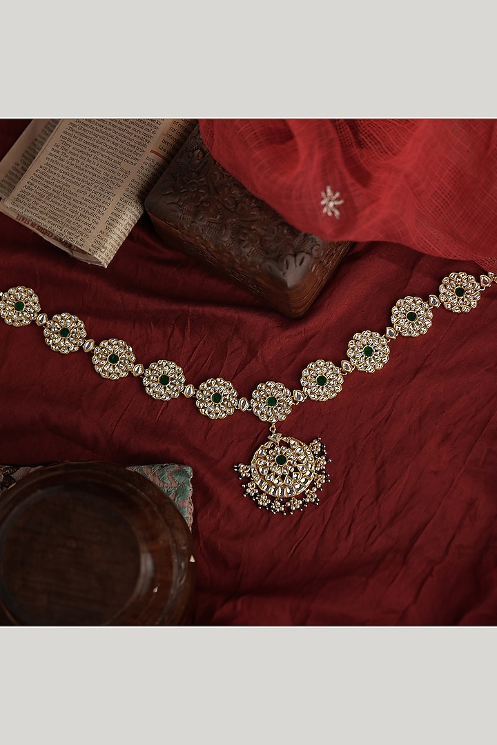 Matte Gold Plated Green Jadtar Stone Mathapatti by Riana Jewellery at Pernia's Pop Up Shop