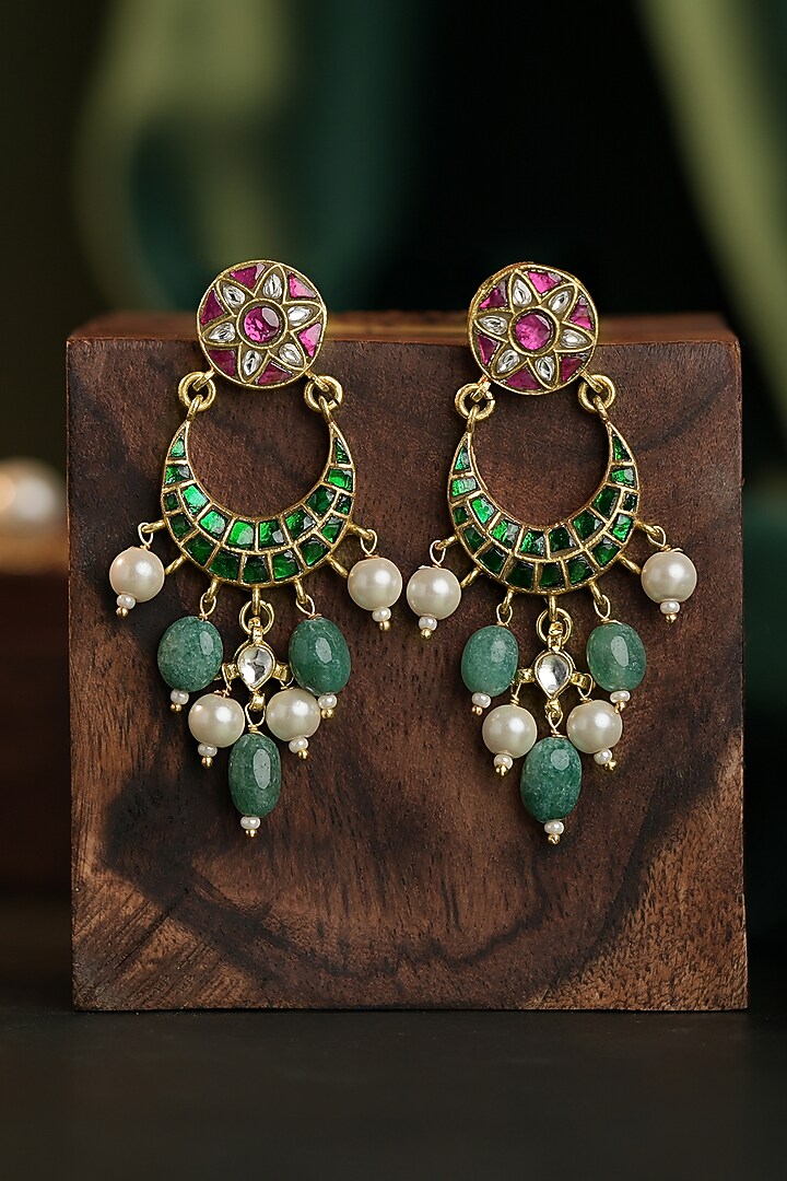 Matte Gold Plated Pink & Green Stone Chandbali Earrings by Riana Jewellery at Pernia's Pop Up Shop